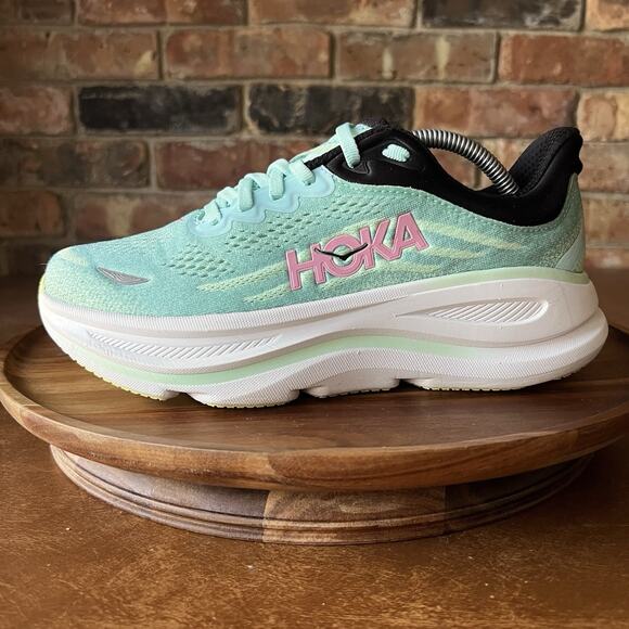 Hoka Bondi 9 Max Cushion Womens 7 Wide Green Pink Road Running Shoes Sneakers - Picture 1 of 16
